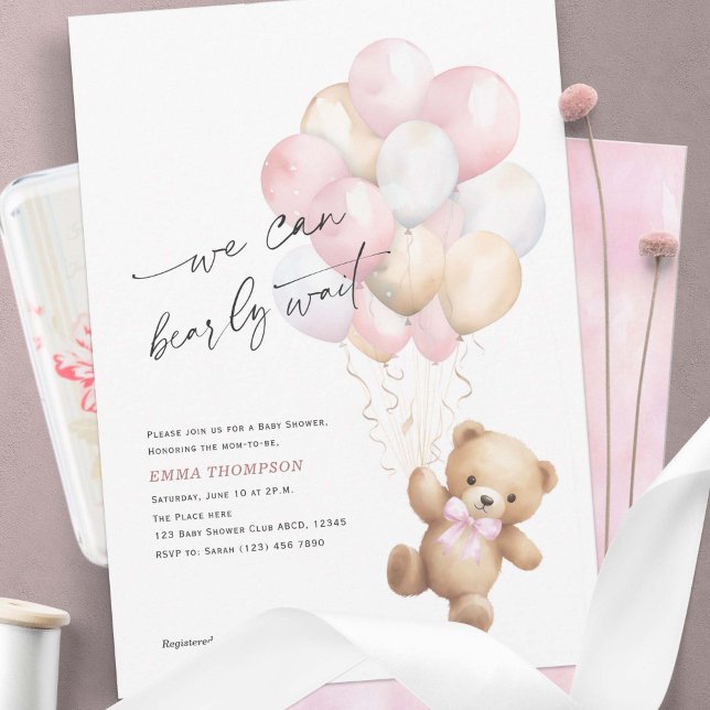 Invitation Pink On Peut Attendre Rapidement Bébé Simple Fille (Pink We Can Bearly Wait, Cute Teddy Bear Baby Girl Shower Invitation.)