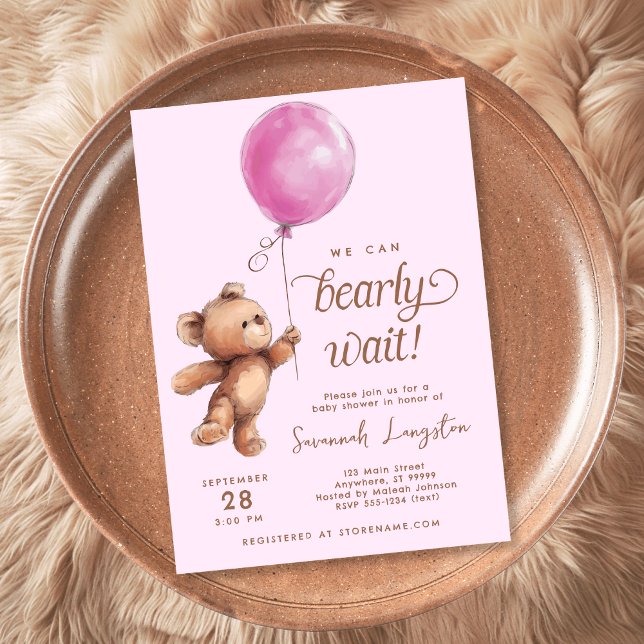 Invitation Pink On Peut Attendre Teddy Bear Baby shower (Créateur téléchargé)