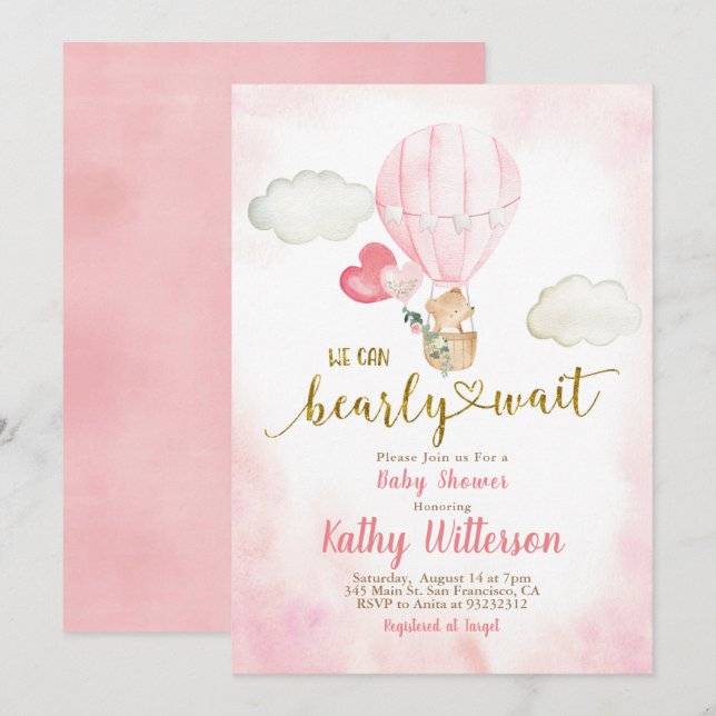 Invitation Pink On peut Bearly Wait Baby shower (Devant / Derrière)