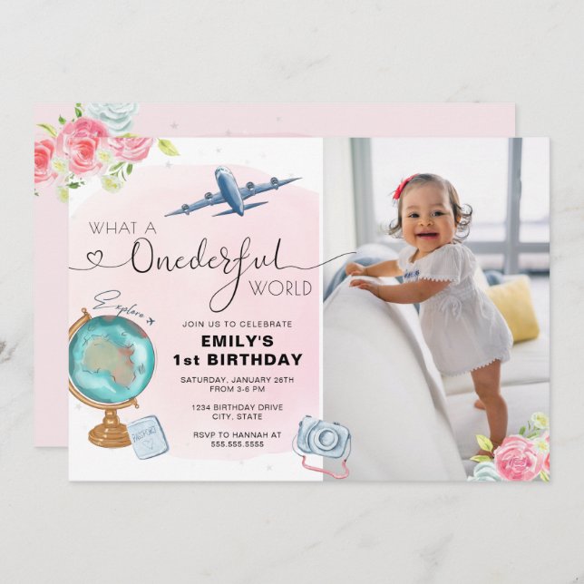 Invitation Pink ONE derful World Photo First Birthday (Devant / Derrière)