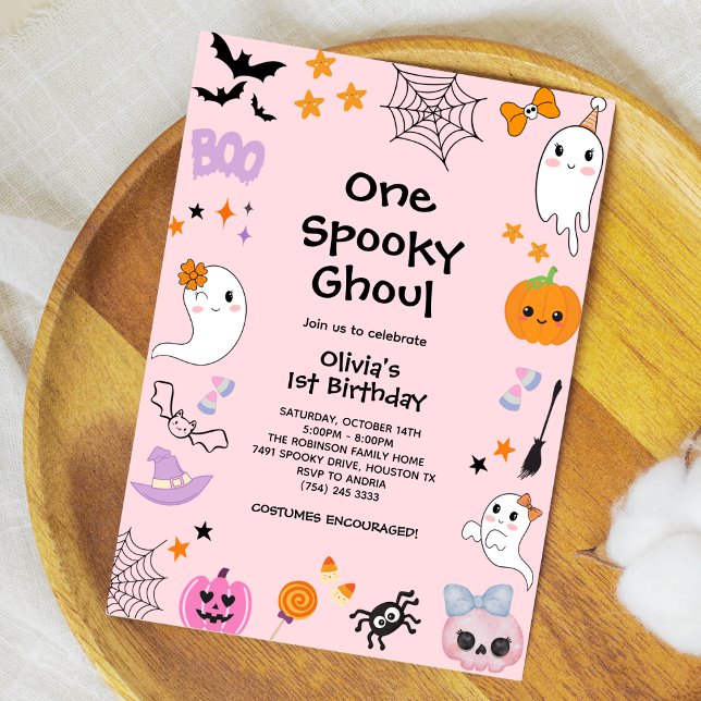 Invitation Pink One Éffrayant Ghoul Ghost Halloween 1er Anniv (Pink One Spooky Ghoul Cute Ghost Halloween 1st Birthday Invitation )