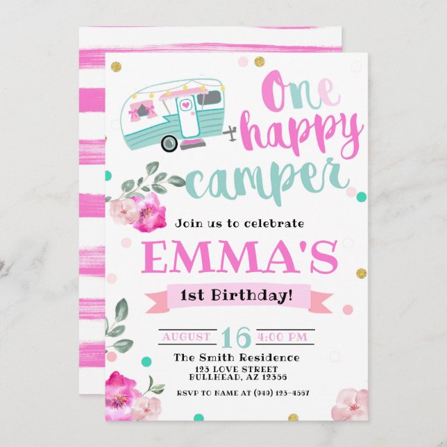 Invitation Pink One Happy Camper Watercolor 1er anniversaire (Devant / Derrière)