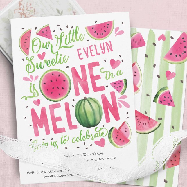 Invitation Pink One in A Melon, Fruit d'été mignonne Watermel (Summer Adorable  pink Watercolor One In a Melon, Watercolor Themed Girl 1st Birthday Invitations.)