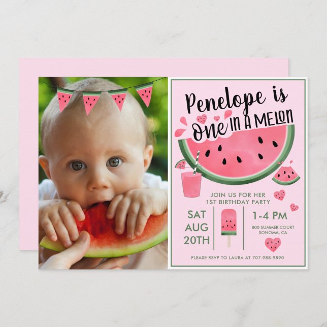 Invitation Pink One In A Melon Photo Girl's 1st Birthday (Devant / Derrière)