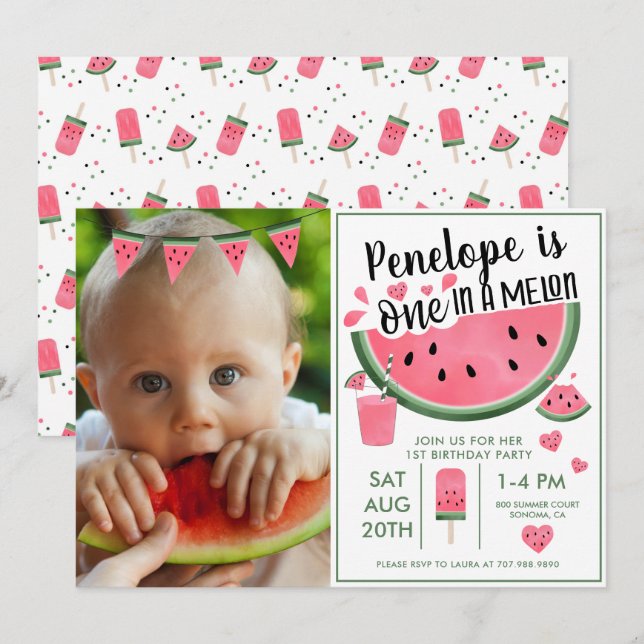 Invitation Pink One In A Melon Photo Girl's 1st Birthday (Devant / Derrière)
