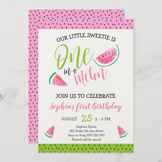 Invitation Pink One in the Melon Girl 1er Birthday Cute (Devant / Derrière)