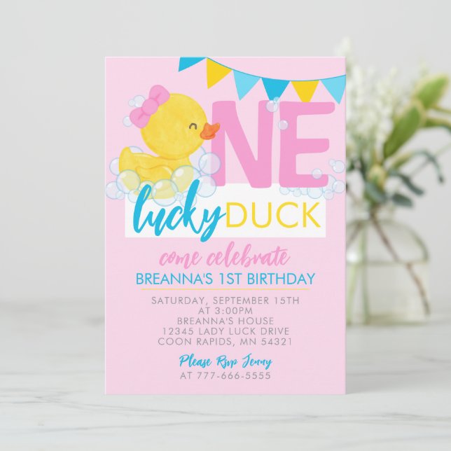 Invitation Pink One Lucky Duck Girl Rubber Duck 1er anniversa (Debout devant)