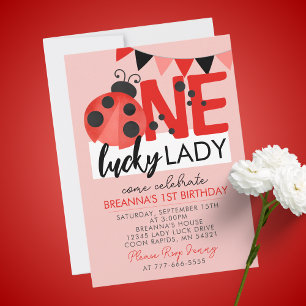 Invitation Pink One Lucky Lady Aquarelle Ladybug Anniversaire