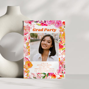 Invitation Pink Orange Aquarelle Fleurs Grad Party Photo