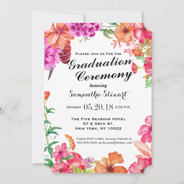 Invitation Pink Orange Aquarelle Jardin Cérémonie de graduati (Devant)