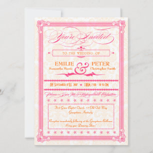 Invitation Pink & Orange Damask Poster Style Wedding Invitati