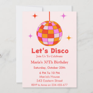 Invitation Pink Orange Disco Ball Let's Disco Anniversaire