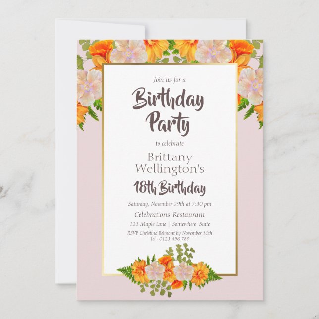 Invitation Pink Orange Floral 18e fête d'anniversaire (Devant)