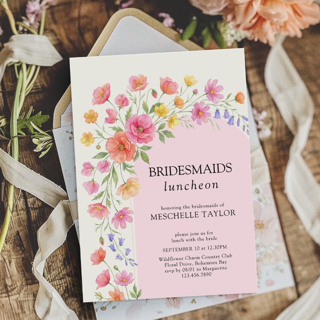 Invitation Pink Orange Floral Arch Bridesmaids Luncheon (Bridesmaids Luncheon invitation from the Wildflower Bloom wedding collection by Darling & May)