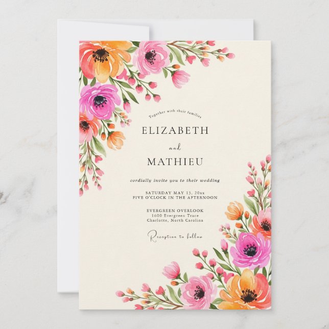 Invitation Pink Orange Floral Flourish Wedding (Devant)