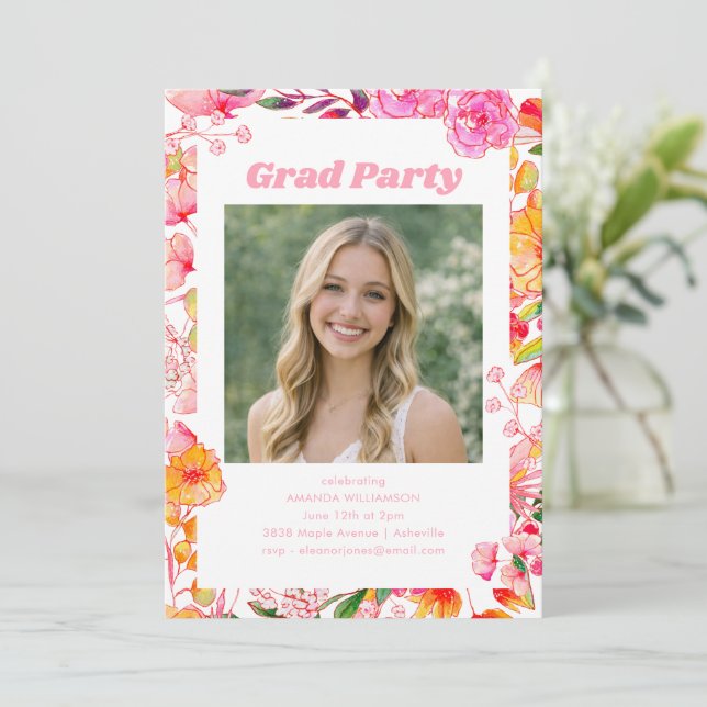 Invitation Pink Orange Floral Graduation Party Photo 2026 (Debout devant)