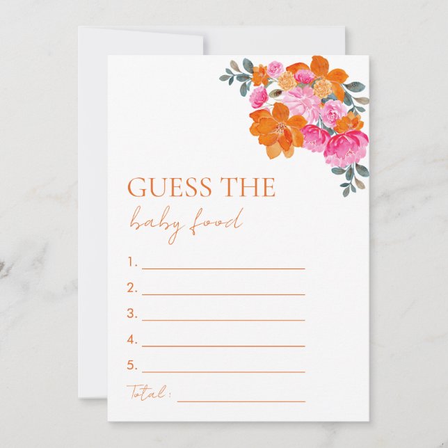 Invitation Pink Orange Floral Guess the Baby Food Shower Jeu (Devant)