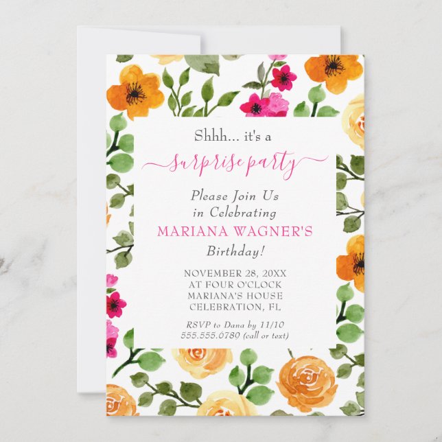 Invitation Pink Orange Floral Script Surprise fête d'annivers (Devant)