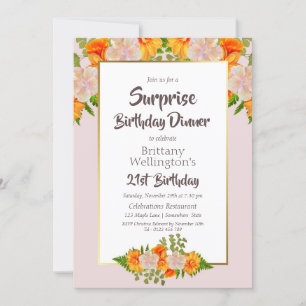 Invitation Pink Orange Floral Surprise 21ème anniversaire