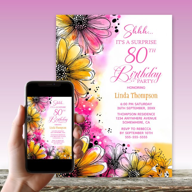 Invitation Pink Orange Floral Surprise 80e anniversaire (Créateur téléchargé)