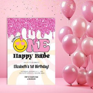 Invitation Pink Orange Retro One Happy Babe 1er anniversaire