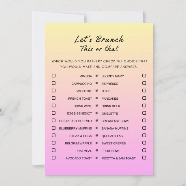 Invitation Pink Orange This or That Brunch Party Game (Devant)