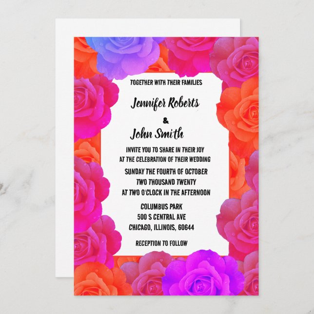 Invitation Pink Orange violet Floral QR Code Rose Mariage (Devant / Derrière)