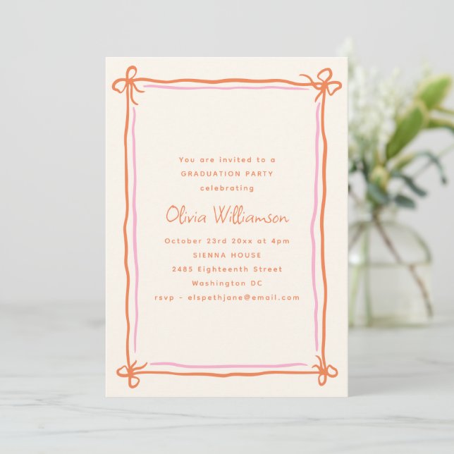 Invitation Pink Orange Whimsical Ribbon Bow Graduation Party (Debout devant)