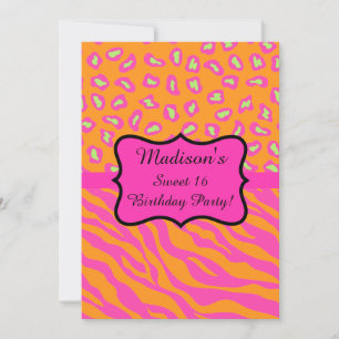 Invitation Pink Orange Zebra Leopard Sweet 16 Anniversaire