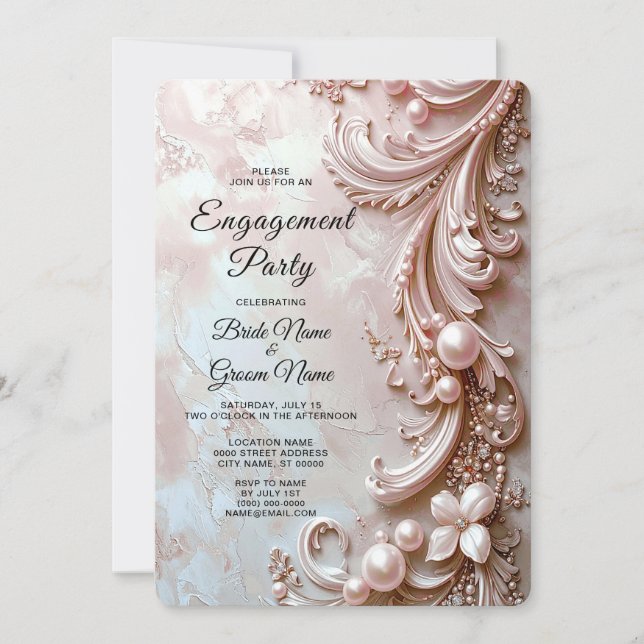 Invitation Pink Ornate Pearl and Floral Engagement (Devant)
