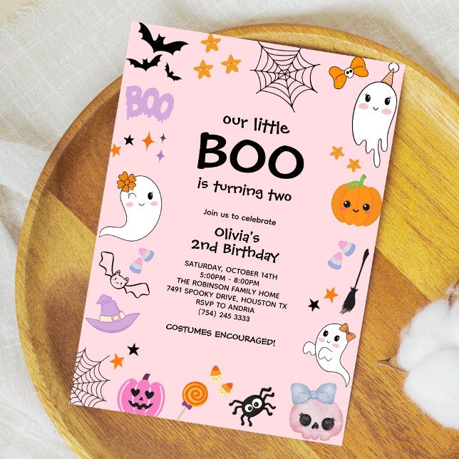 Invitation Pink Our Little Boo Halloween 2e anniversaire (Pink Our Little Boo Cute Ghost Halloween 2nd Birthday Invitation )
