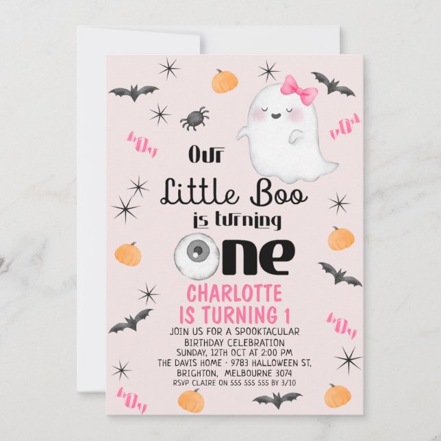 Invitation Pink Our Little Boo One Halloween 1er Anniversaire (Devant)