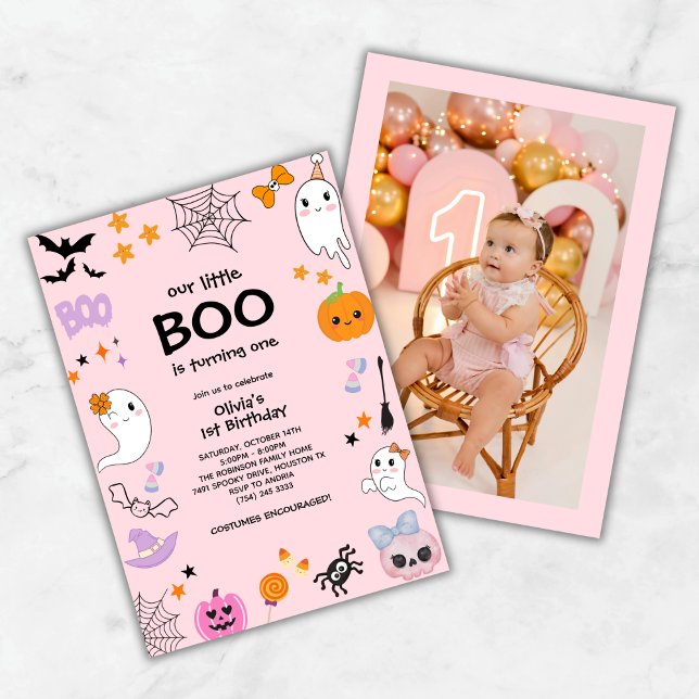 Invitation Pink Our Little Boo Photo Halloween 1er Anniversai (Pink Our Little Boo Photo Halloween 1st Birthday Invitation )