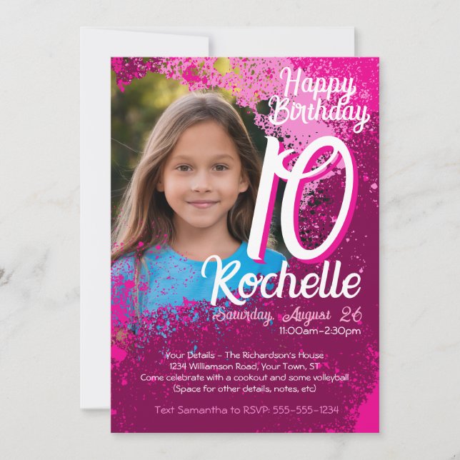 Invitation Pink Paint Splatter Photo 10e anniversaire Invitat (Devant)