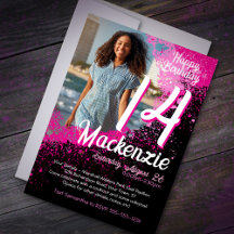 Pink Paint Splatter Photo 14e anniversaire Invitat