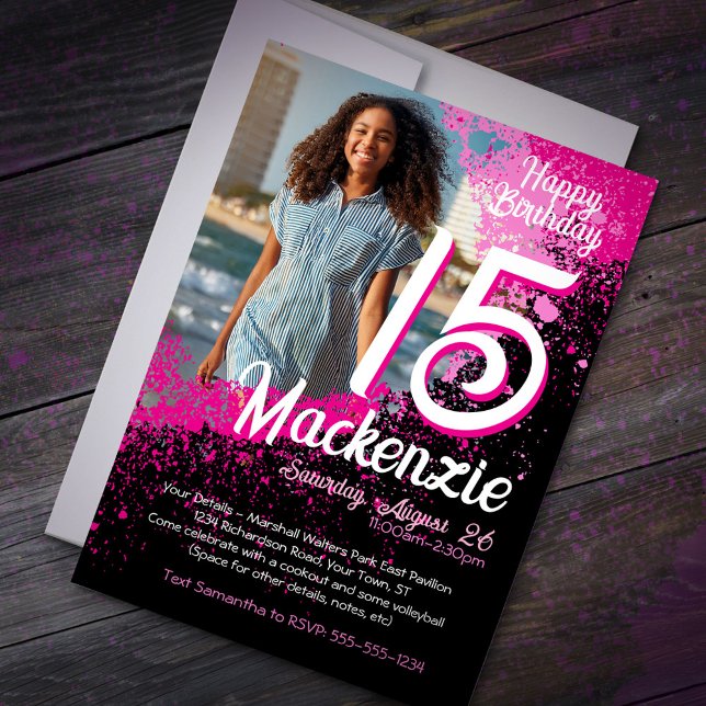 Invitation Pink Paint Splatter Photo 15e anniversaire Invitat (Créateur téléchargé)
