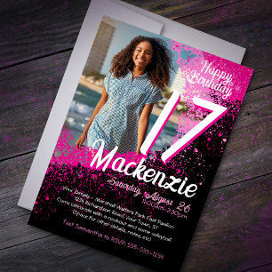 Invitation Pink Paint Splatter Photo 17e anniversaire Invitat