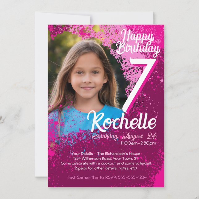 Invitation Pink Paint Splatter Photo 7e anniversaire Invitati (Devant)