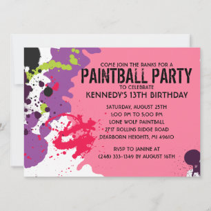 Invitation Pink Paintball Splatt Paintball fête d'anniversair