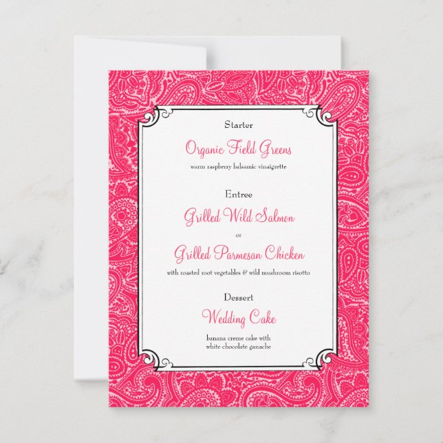 Invitation Pink Paisley Mariage Réception Dîner Menu (Devant)