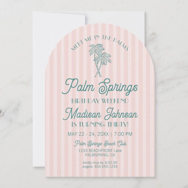 Invitation Pink Palm Springs Pastel Beach Anniversaire Week-e (Devant)
