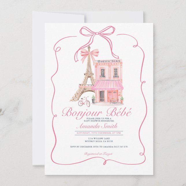 Invitation Pink Paris Bow Café Paris Baby shower (Devant)