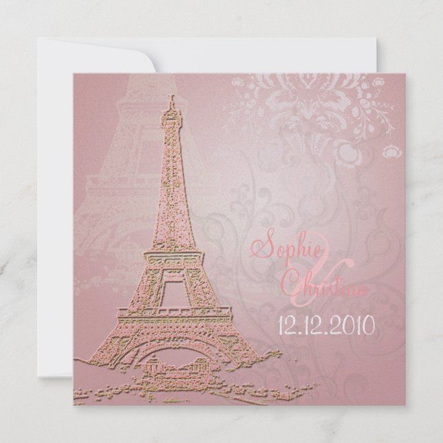 Invitation Pink Paris Eiffel + voeux de mariage (Devant)