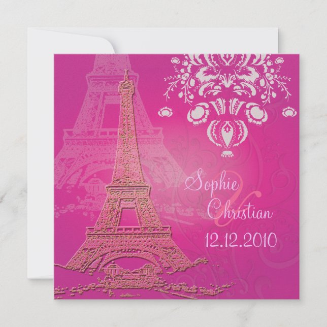 Invitation Pink Paris Eiffel + voeux de mariage (Devant)