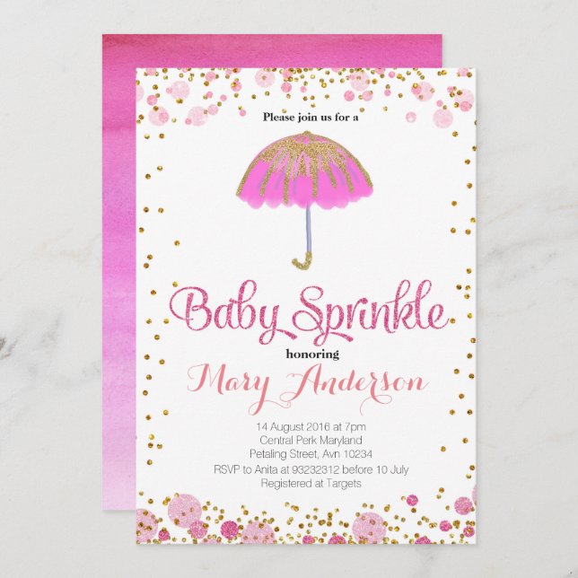 Invitation PINK PARTIES SCINTILLANT Baby Sprinkle Parapluie d (Devant / Derrière)