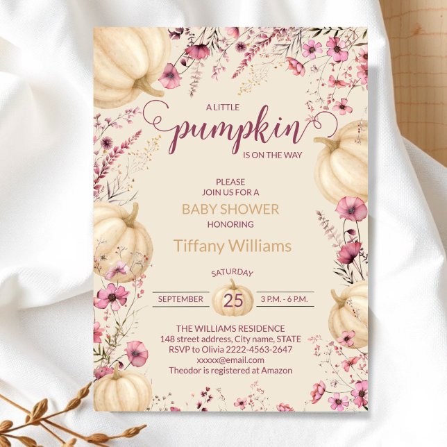 Invitation Pink Pastel Aquarelle Citrouille automne fleurs sa (Pink and beige Rustic Pumpkin Baby Shower Invitation | Neutral Fall Floral Autumn Theme)