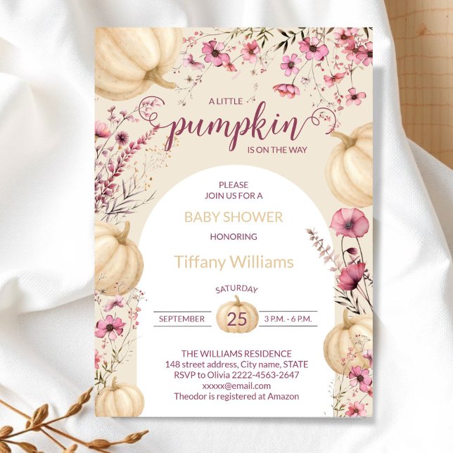 Invitation Pink Pastel Aquarelle Citrouille automne fleurs sa (Pink and beige Rustic Pumpkin Baby Shower Invitation | Neutral Fall Floral Autumn Theme)