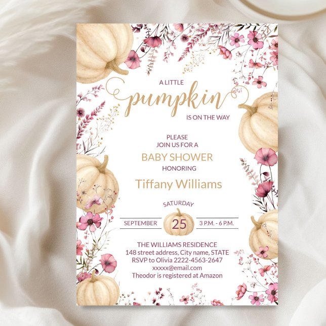 Invitation Pink Pastel Aquarelle Citrouille automne fleurs sa (Pink Rustic Pumpkin Baby Shower Invitation | Neutral Fall Floral Autumn Theme)