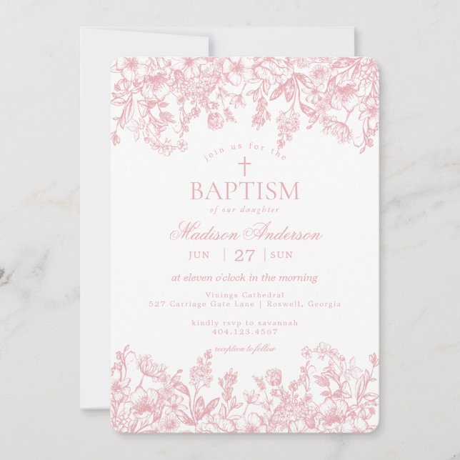 Invitation Pink Pastel Chinoiserie Vintage Floral Baptême (Devant)