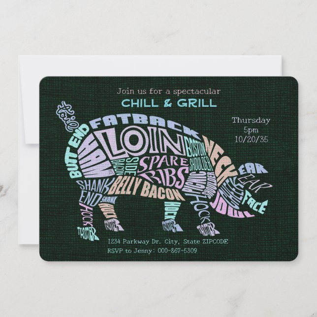 Invitation Pink Pastel Coupes de Porc Typogramme Word Cloud B (Devant)